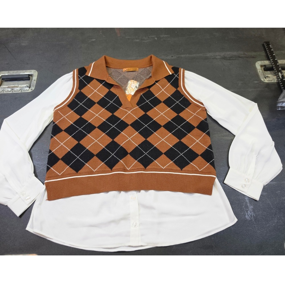 Belldini Argyle Sweater Vest Layered Shirt Glazed Ginger Black NWT PREPPY Large